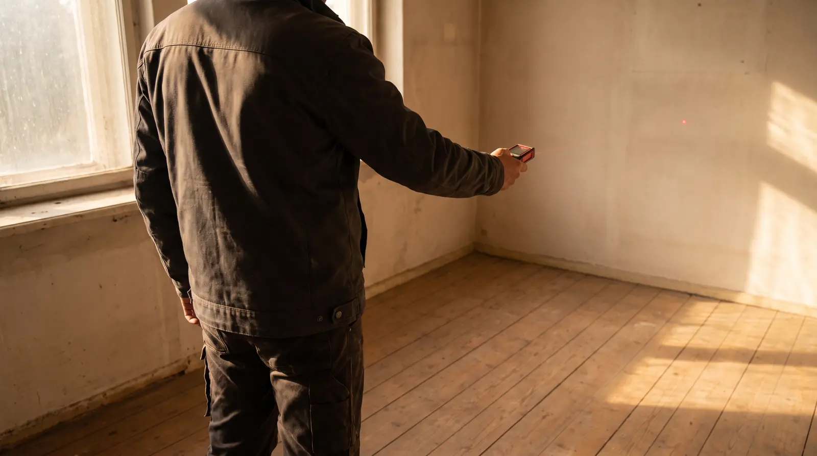 A person measuring an empty interior room with a handheld tool, arm extended, lit by raking window light across bare walls and a wooden floor.